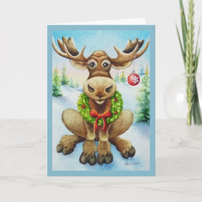 Nyckfull Vinter Jul Älg Akvarell Konst Kort (Framsida)