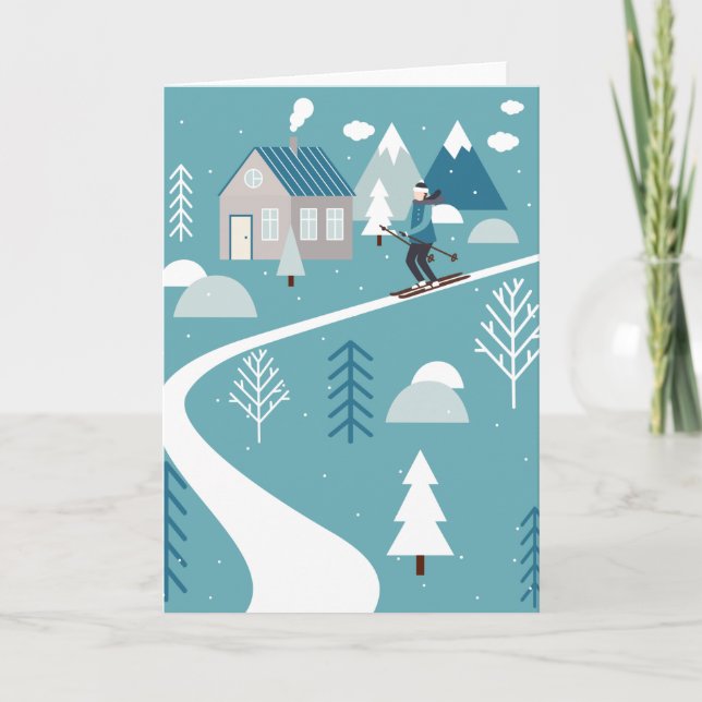 Nyckfull vinter snöskidåkning i tealblå helgkort (Framsida)