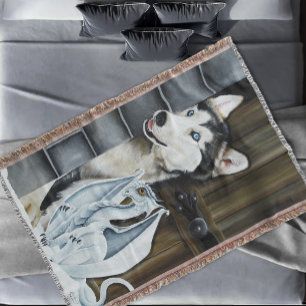 Nyckfull Vinterfantasi Husky Hund Drak Slott Filt