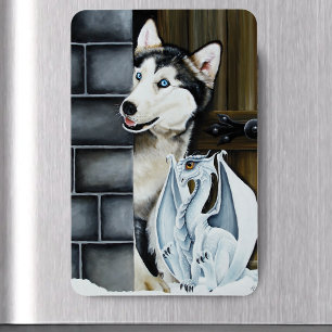 Nyckfull vinterfantasi Husky Hund Drak Slott Magnet