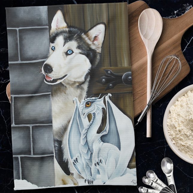 Nyckfull vinterfantasi Huskyhund Drakslott Kökshandduk (Skapare uppladdad)