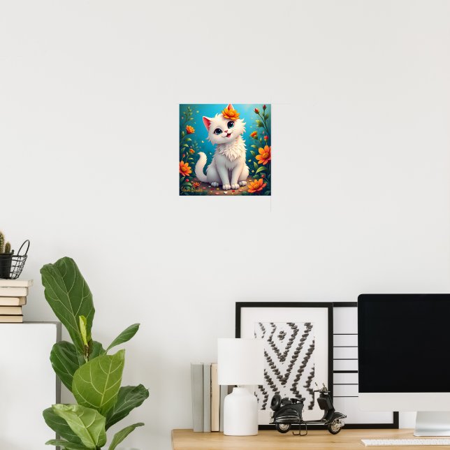 Nyckfull vit kattunge trädgård poster (Hemmakontoret)