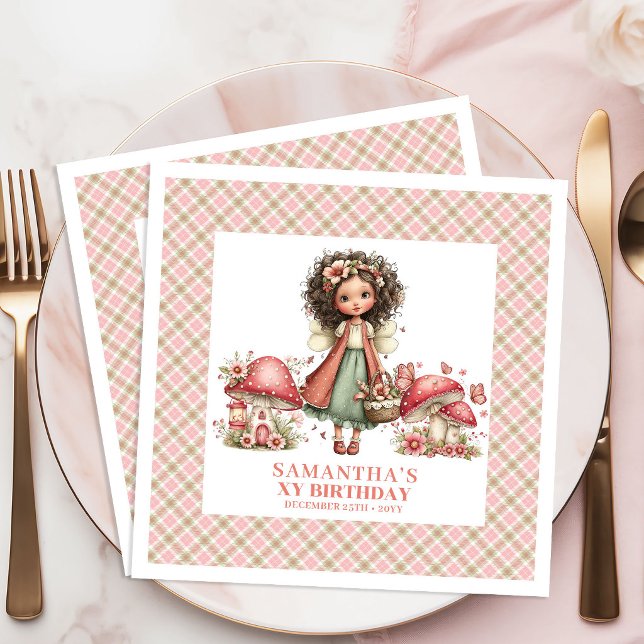 Nyckfulla Ängsblommor Rosa Blommor Anpassat Namn F Pappersservett (Whimsical Fairy Pink Flowers Custom Name Party Napkins)