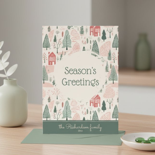 Nyckfulla årstids-hälsningar Platt julkort (cute whimsical cozy scandinavian folk art christmas seasons greetings card with custom family name)