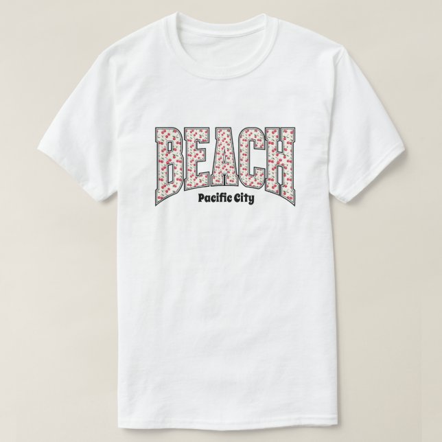 Nyckfulla BEACH Röda Körsbär Varsitybokstäver T Shirt (Design framsida)