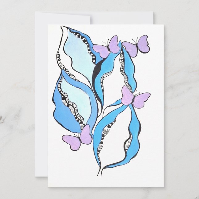 Nyckfulla blå blad och lila fjärilar julkort (Framsida)