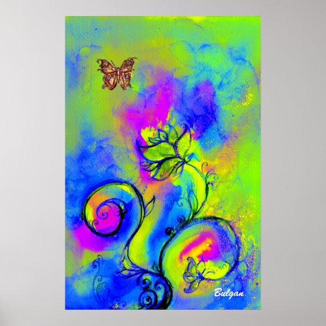 NYCKFULLA BLOMMOR & FJÄRILAR blå grön gul Poster (Framsidan)