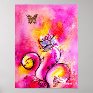 NYCKFULLA BLOMMOR & FJÄRILAR rosa gul blå Poster