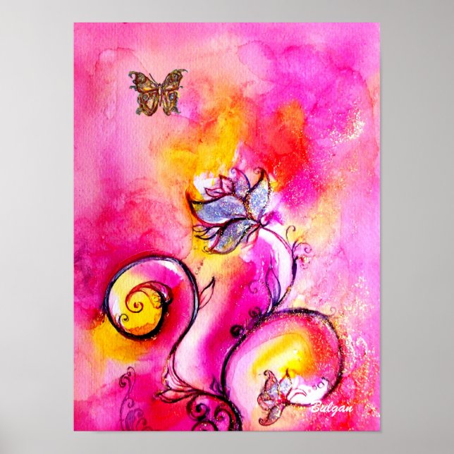 NYCKFULLA BLOMMOR & FJÄRILAR rosa gul blå Poster (Framsidan)