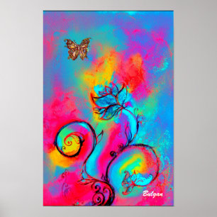 NYCKFULLA BLOMMOR & FJÄRILAR rosa gul blå Poster