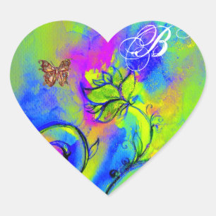 NYCKFULLA BLOMMOR OCH GULD- FJÄRILSMONOGRAM HJÄRTFORMAT KLISTERMÄRKE