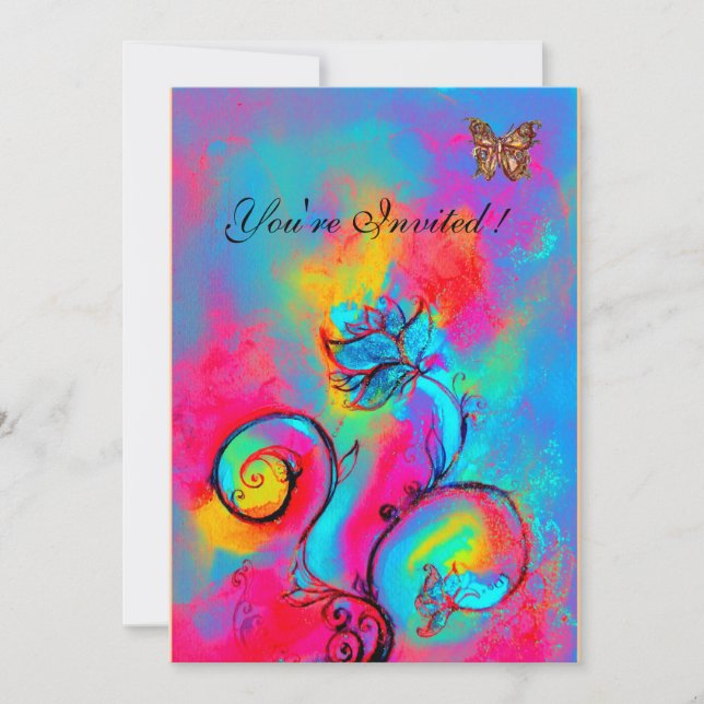 NYCKFULLA BLOMOR & FJÄRILAR rosa blå gul Inbjudningar (Framsida)