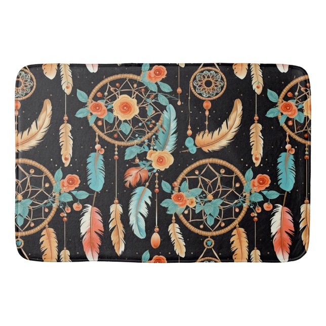 Nyckfulla drömfångare boho blommig svart teal badrumsmatta (Framsidan)