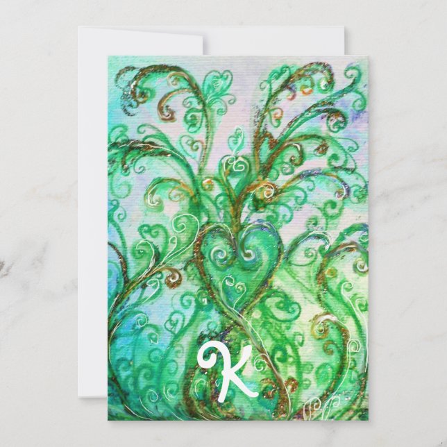 NYCKFULLA GRÖNA BLOMSTERHJÄRTA MONOGRAM INBJUDNINGAR (Framsida)
