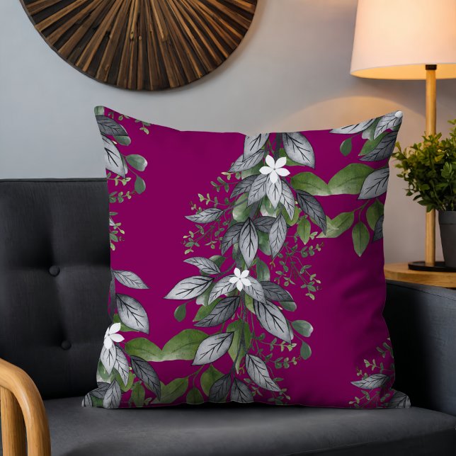 Nyckfulla Hängande Blommor och Löv Mörkt Fuchsia Kudde (Skapare uppladdad)