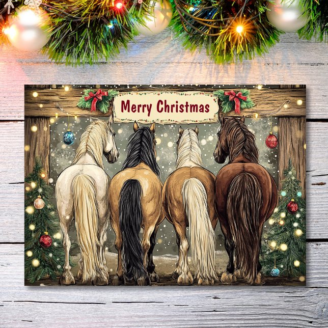Nyckfulla hästar med festliga julgranar helgkort (Front - Whimsical Horses with Festive Christmas Trees Holiday Card)