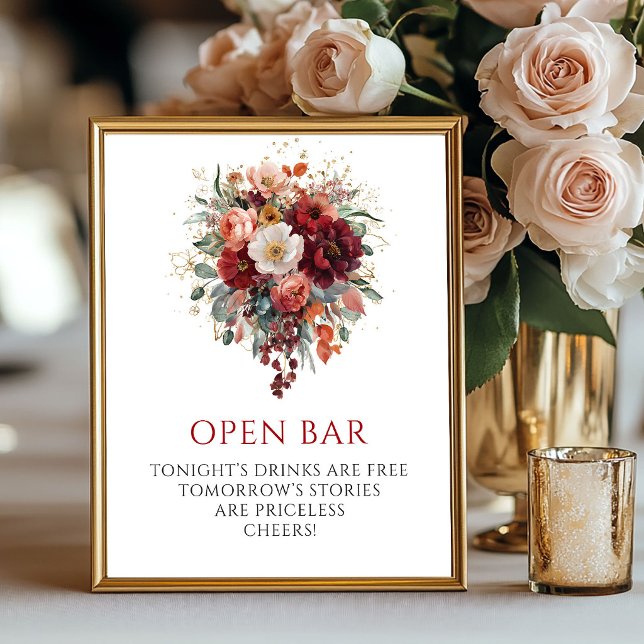 Nyckfulla höstbruna blommor Öppna Barskylt Poster (Whimsical Autumn Maroon Flowers Open Bar Sign

)