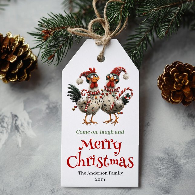 Nyckfulla Kycklingar Julkort Cartoon Stil Presentetikett (Whimsical Chickens Christmas Tag Cartoon Style)