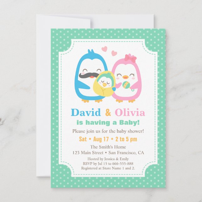 Nyckfulla Pingvinfamiljen Baby Shower-inbjudningar Inbjudningar (Framsida)