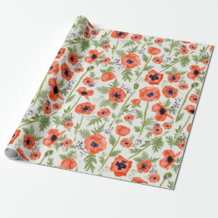 Nyckfulla röda orange vattenfärgvallmoblommor presentpapper