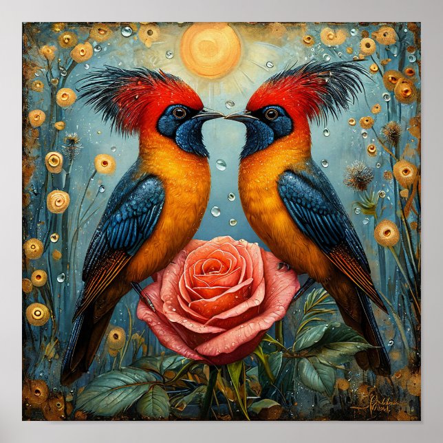 Nyckfulla romantiska fåglar ovanför rosa ros 🌹✨💛 poster (Framsidan)