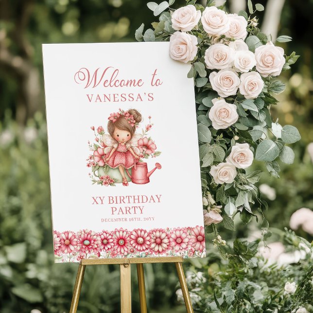 Nyckfulla Rosa Änglablommor 2-års Födelsedags Häls Poster (Whimsical Pink Fairy Flowers 2nd Birthday Welcome Sign)