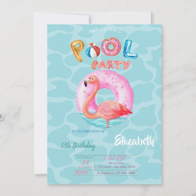 Nyckfulla Rosa Flamingo Pool Simma Sommar Inbjudningar (Framsida)