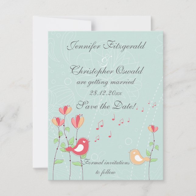 Nyckfulla sångfåglar med blommor - boka datumet inbjudningar (Framsida)
