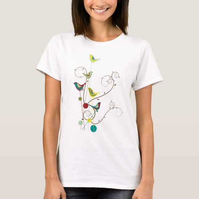 Nyckfulla sommarfåglar virvlar runt moderna tee shirt (Framsida)