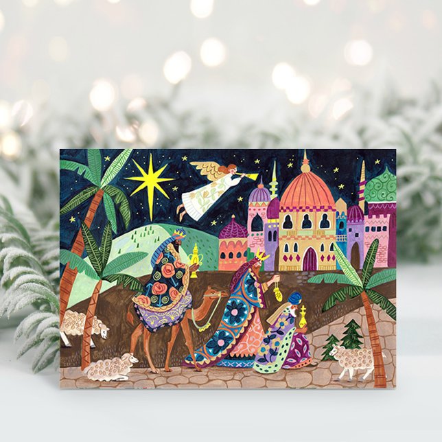 Nyckfulla tre vise män kungar med stjärna och pres helgkort (Whimsical Three Wise Men Kings with star and gifts Holiday Card)