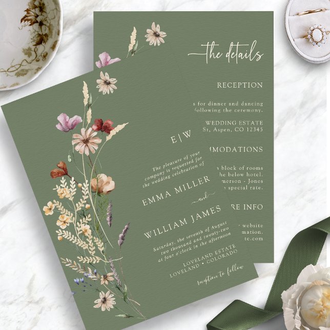 Nyckfulla Vildblommor Salvia Grön Allt-i-ett Inbjudningar (Whimsical Wildflowers Sage Green  Boho Wedding Invitation Details by Painted Paperie
)