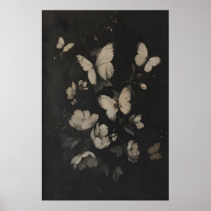 Nyckfulla vita fjärilar och blommor mörkt poster
