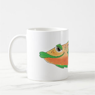 Nyckfullt fiskkonstverk i orange och grönt kaffemugg