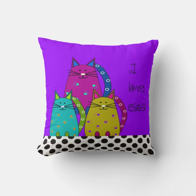 Nyckfullt kattansikte kudder lilor och polka dots kudde (Framsida)
