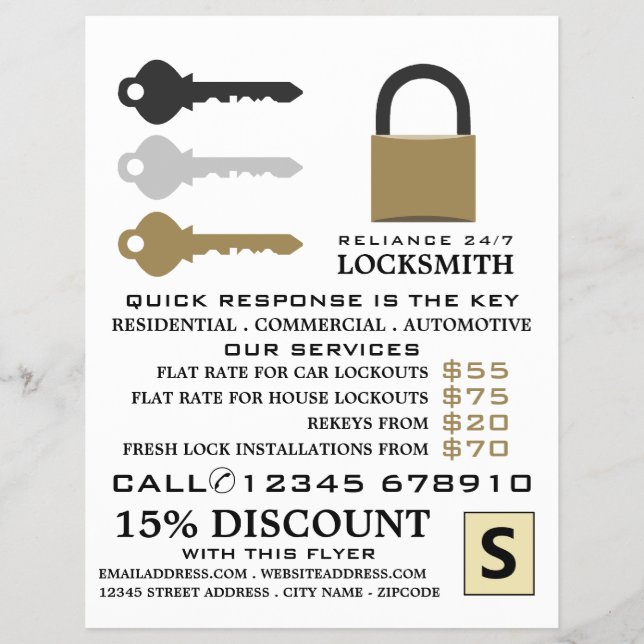 Nycklar & Padlock, Locksmith Advertising Flyer (Framsidan)