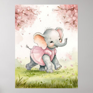 Nyfiken Bebis Elefant i Rosa Klänning Under Körsbä Poster