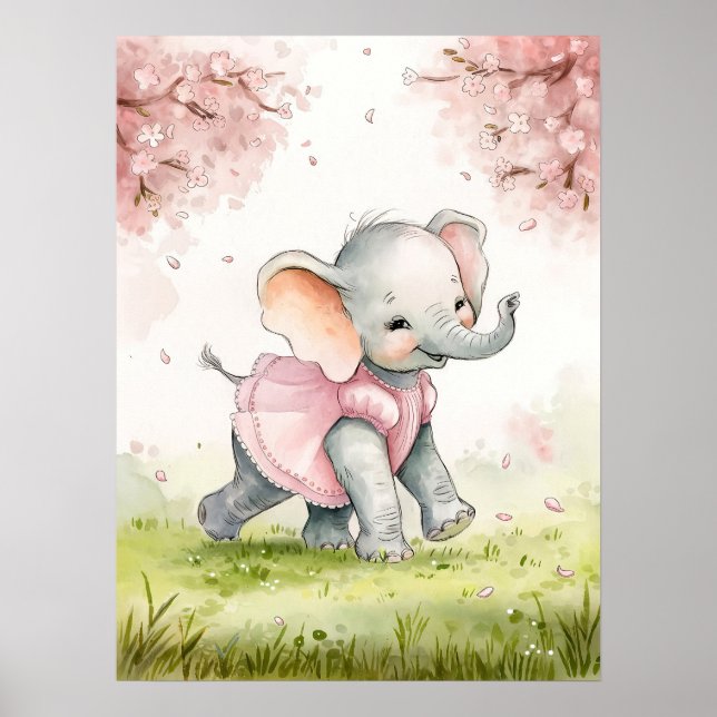 Nyfiken Bebis Elefant i Rosa Klänning Under Körsbä Poster (Framsidan)