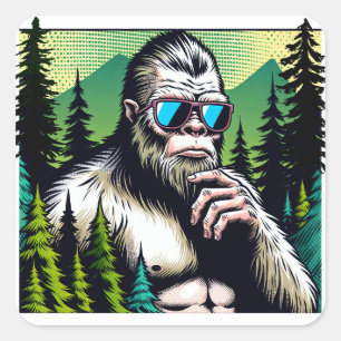 Nyfiken Bigfoot med solglasögon Gömmande i Skogen Fyrkantigt Klistermärke