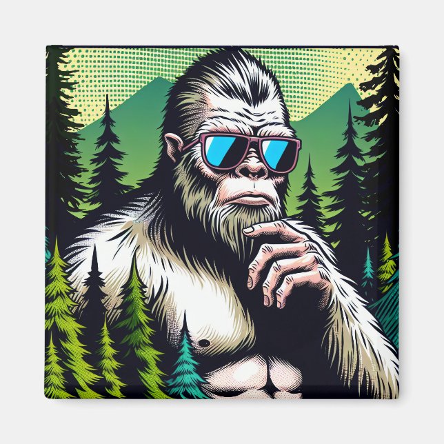 Nyfiken Bigfoot med solglasögon Gömmande i Skogen Magnet (Framsidan)