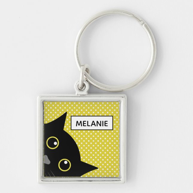 Nyfiken Black Cat Gult Polka Dot-Personlig Fyrkantig Silverfärgad Nyckelring (Framsidan)