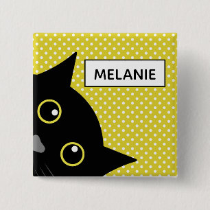 Nyfiken Black Cat Gult Polka Dot-Personlig Knapp
