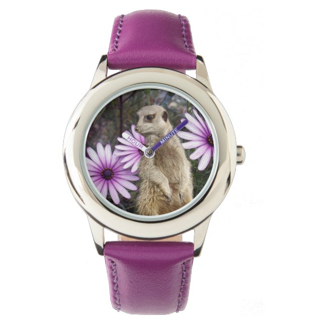 Nyfiken Bloom: Meerkat bland Lila Daisy Armbandsur (Framsida)