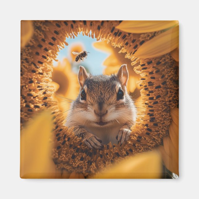 Nyfiken Chipmunk Peeking through Eaten Solros Magnet (Framsidan)
