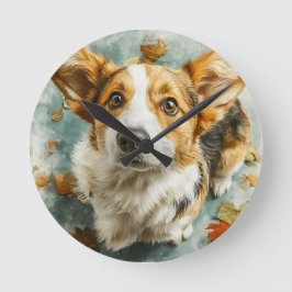 Nyfiken Corgi Höstblick Rund Klocka