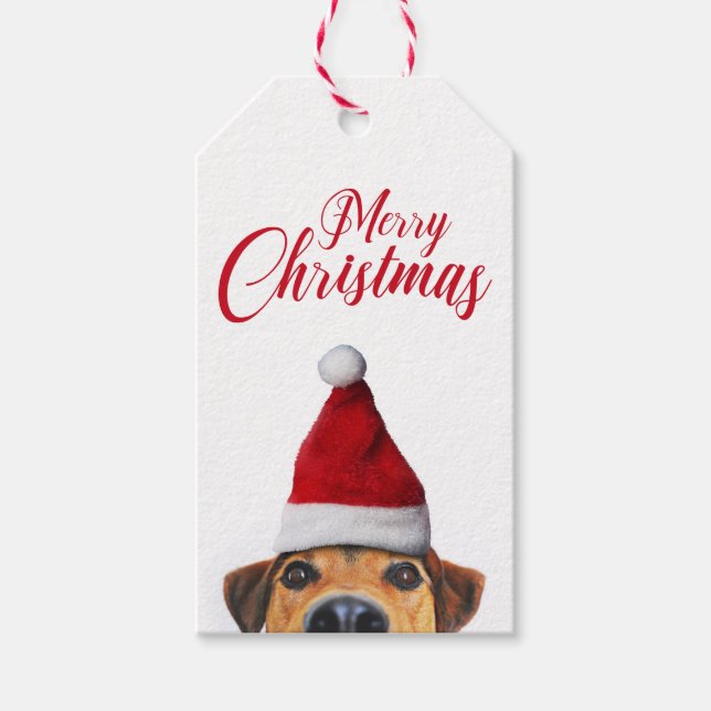 Nyfiken Cute Rolig hund med Santa Hat Presentetikett (Framsidan)