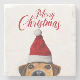 Nyfiken Cute Rolig hund med Santa Hat Stenunderlägg