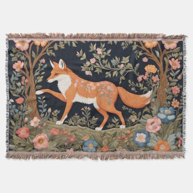 Nyfiken Fox Faux Embroidery Elegant Blommigt Filt (Framsidan)