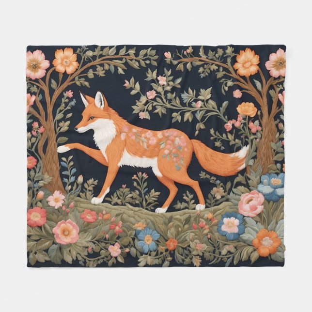 Nyfiken Fox Faux Embroidery Elegant Blommigt Fleecefilt (Framsidan (Horisontell))