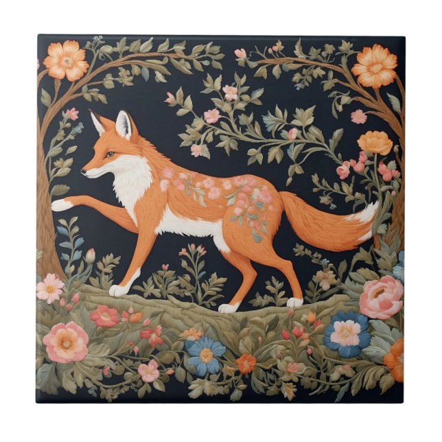 Nyfiken Fox Faux Embroidery Elegant Blommigt Kakelplatta (Framsidan)