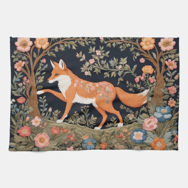 Nyfiken Fox Faux Embroidery Elegant Blommigt Kökshandduk (Horisontell)